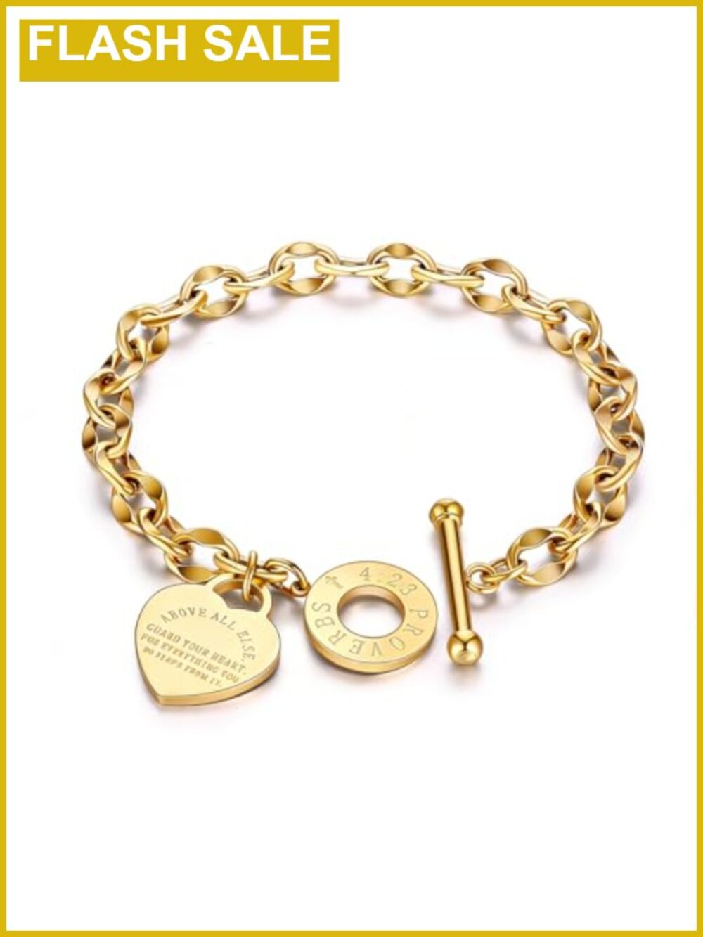 Stainless Steel Heart Charm Link Bracelet, Bible Verse Engraved, OT Clasp